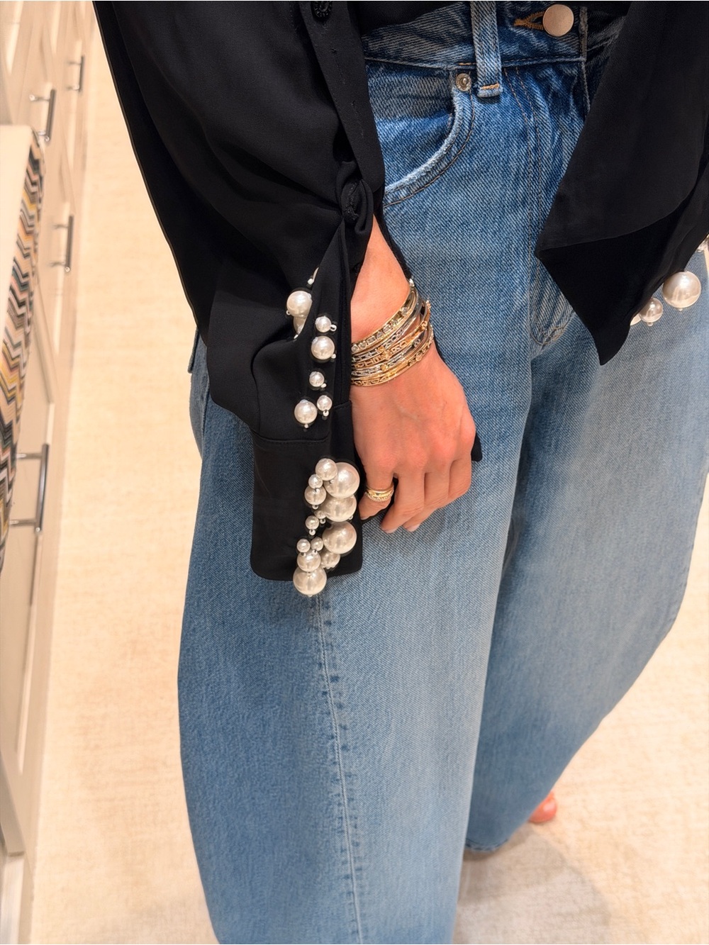 Oscar de la Renta Black Pearl-Embellished Sleeve Blouse - Picture 5 of 7